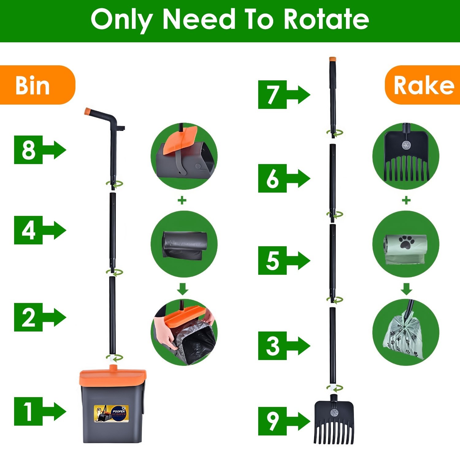 1Set Pooper Scooper Kit Dog Poop Rake & Swiveling Bin Poop Heavy Duty Pick Up Tool With Extra Long Handle 35 Waste Bags Dispenser - Image 9