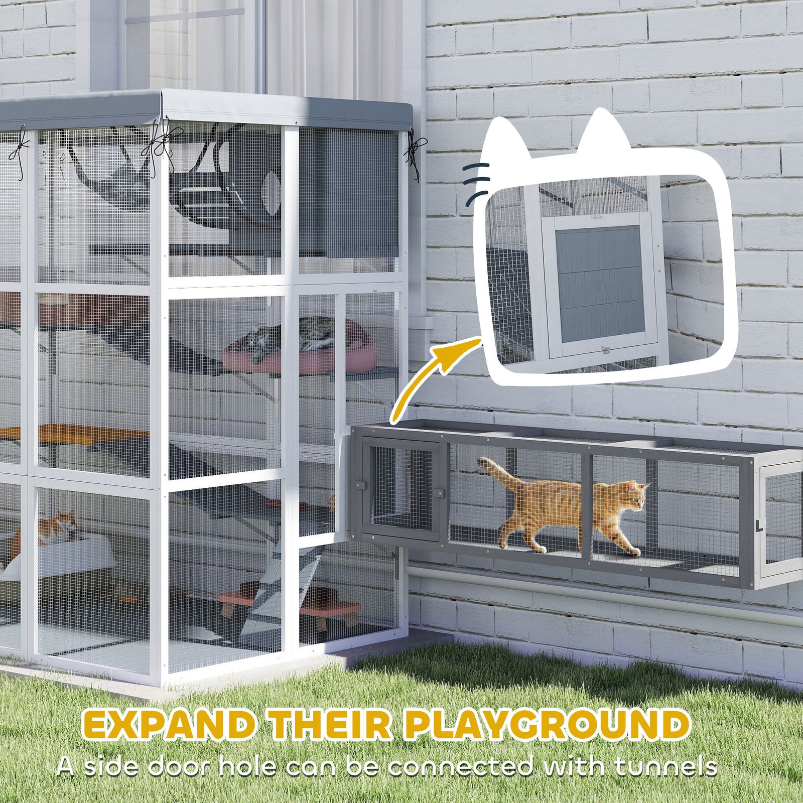 Large Outdoor Catio Cat Enclosure With Hammock, Condo,Platforms, Ladders, Ramps, Tarp, For 2-4 Large Cats, Gray - Image 4