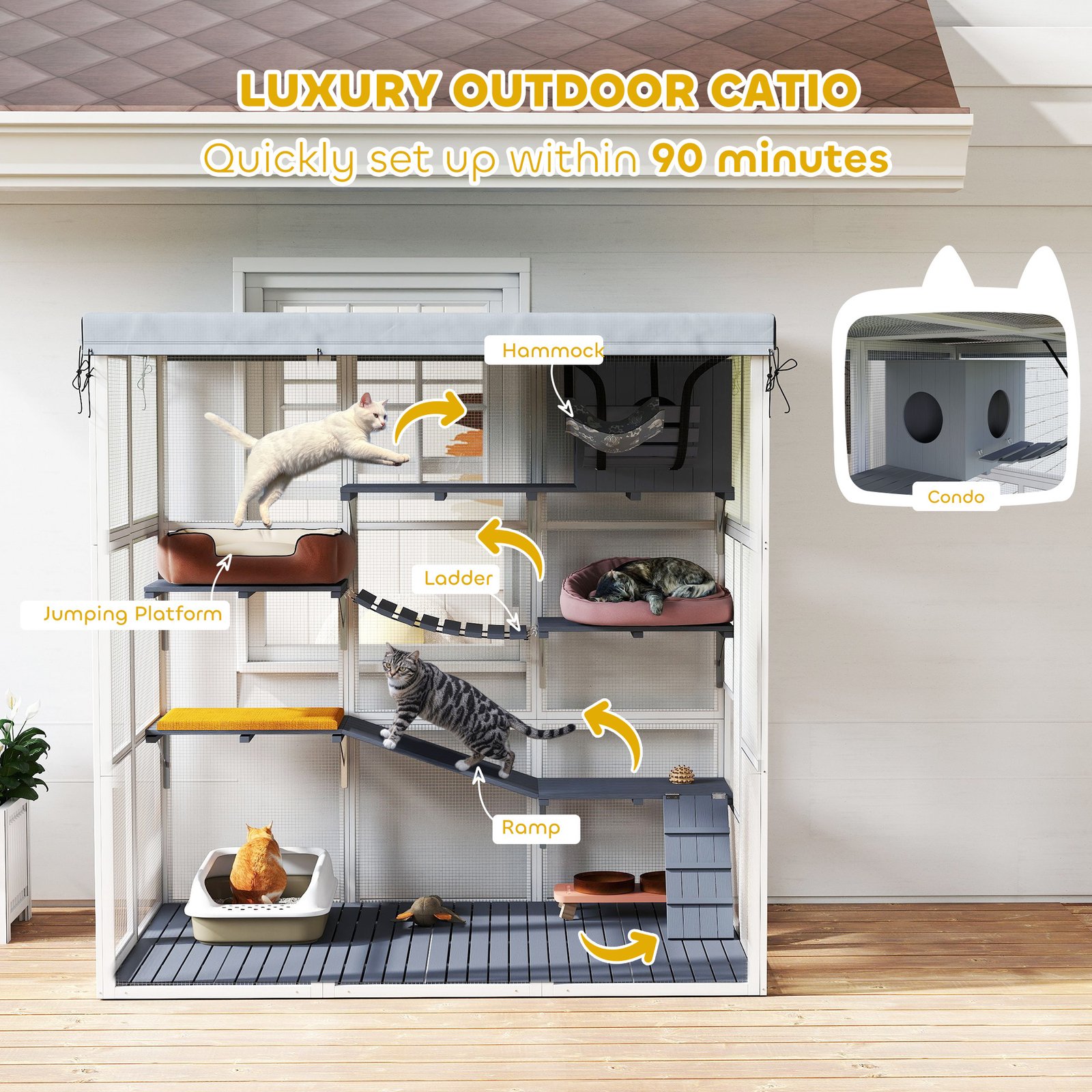 Large Outdoor Catio Cat Enclosure With Hammock, Condo,Platforms, Ladders, Ramps, Tarp, For 2-4 Large Cats, Gray - Image 2