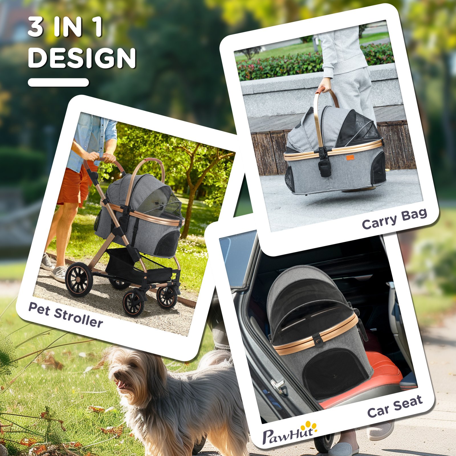 3 In 1 Dog Stroller With Detachable Cabin, 4 Wheel Folding Lightweight Pet Stroller For Small Dogs, Gray - Image 6