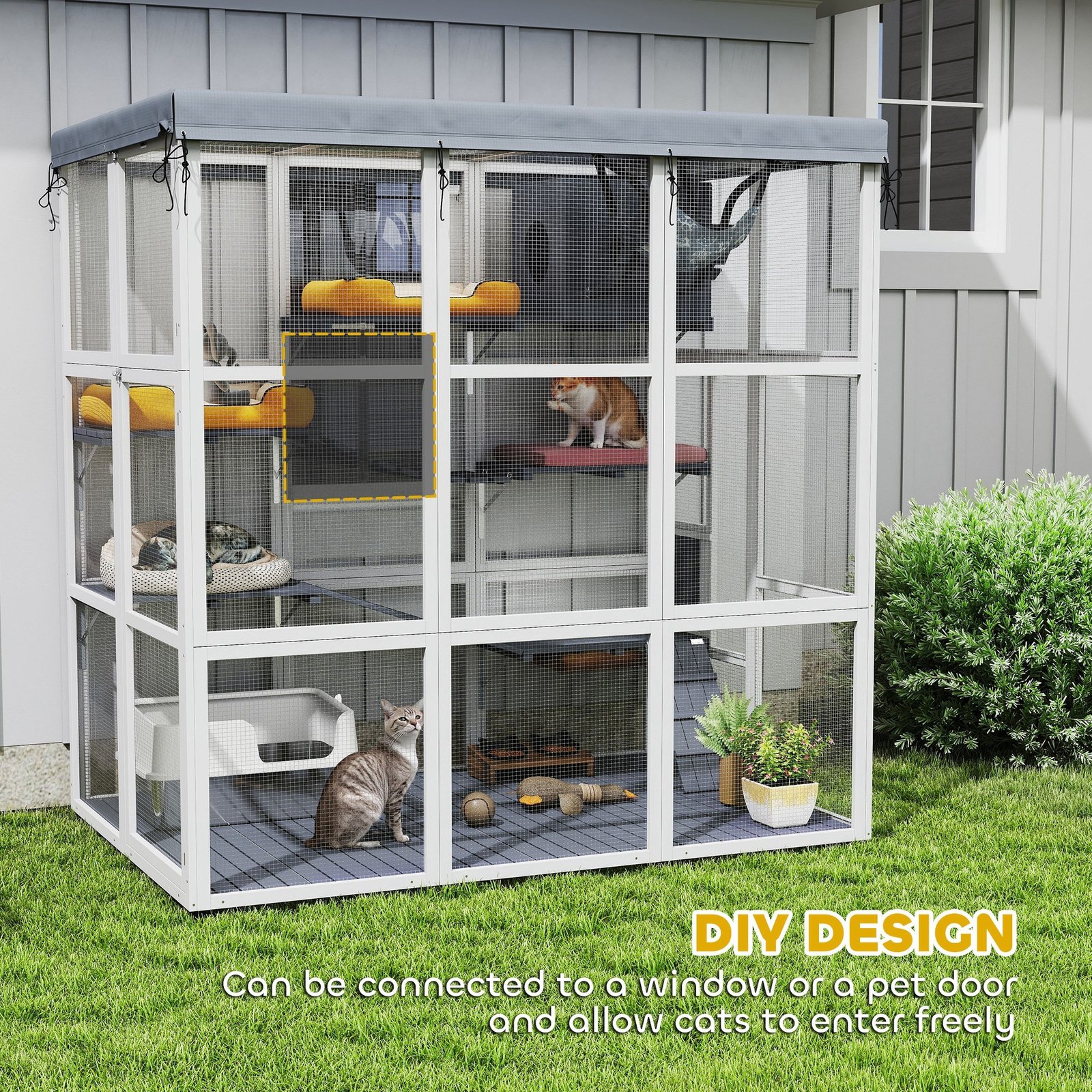 Large Outdoor Catio Cat Enclosure With Hammock, Condo,Platforms, Ladders, Ramps, Tarp, For 2-4 Large Cats, Gray - Image 6