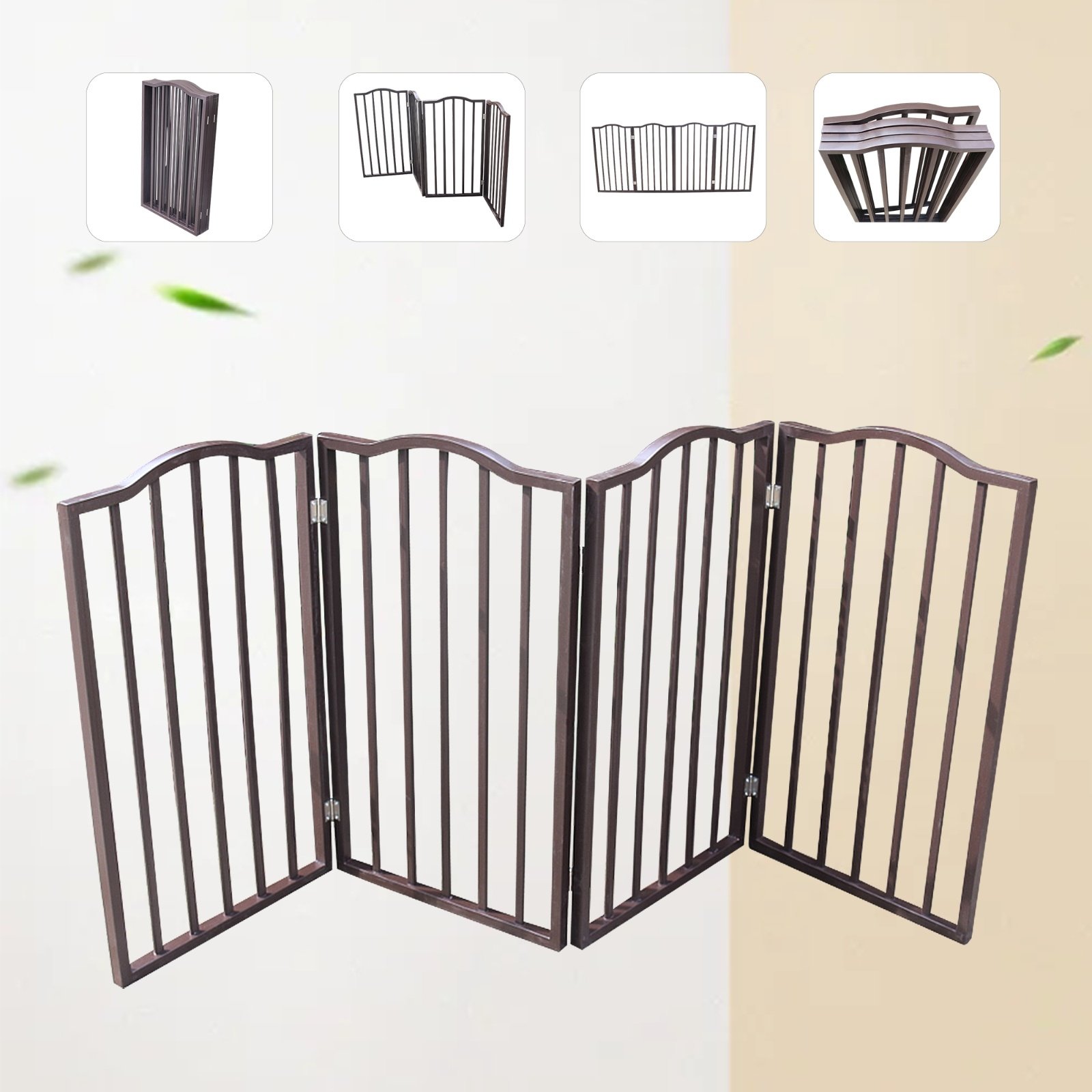 Dog Gate For Doorways, Stairs - Freestanding, Folding, Brown, Arc Wooden - Image 9